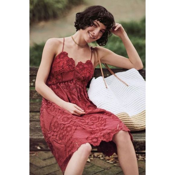 Anthropologie Maeve Red Summer Moon Lace Babydoll Dress NWT Size 10